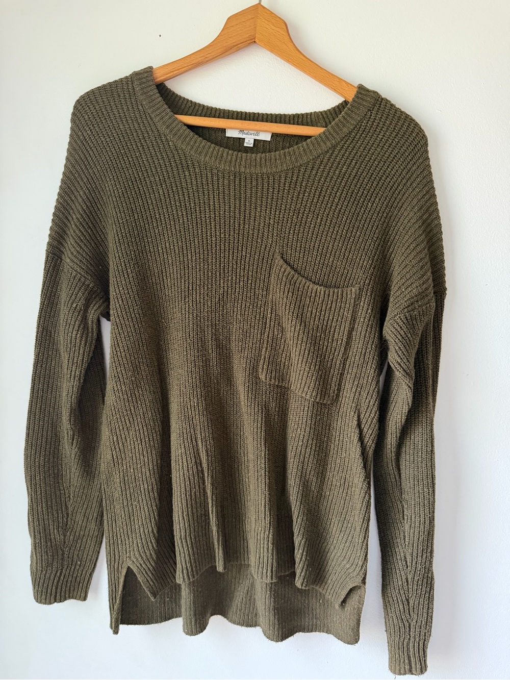 Madewell Olive Ribbed Crewneck Sweater with Pocket